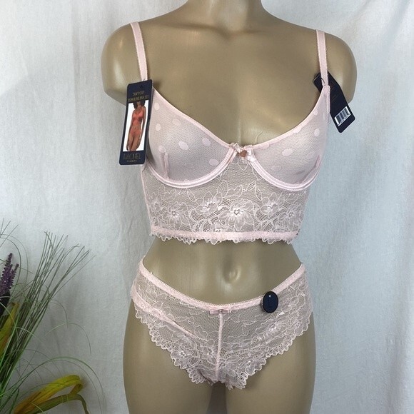 Rachel Roy Pink Unlined Longline Soft Cup Bra & Thong Panty Set 36B L NEW - Picture 1 of 8